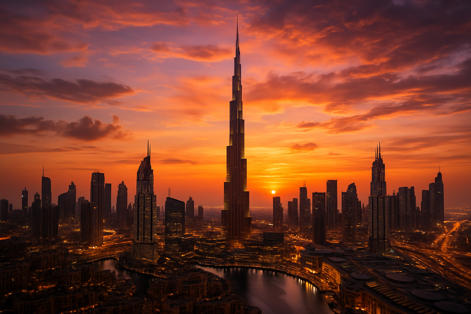 Dubai skyline featuring Burj Khalifa at sunset