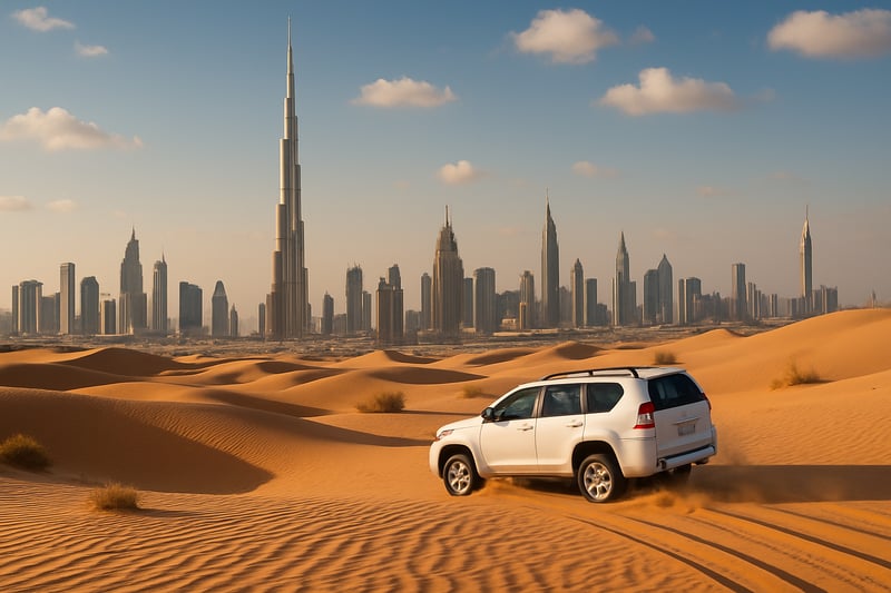 Dubai skyline with Burj Khalifa and desert adventure Dubai skyline with Burj Khalifa and desert adventure