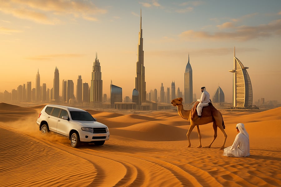 Dubai skyline with desert safari and iconic landmarks