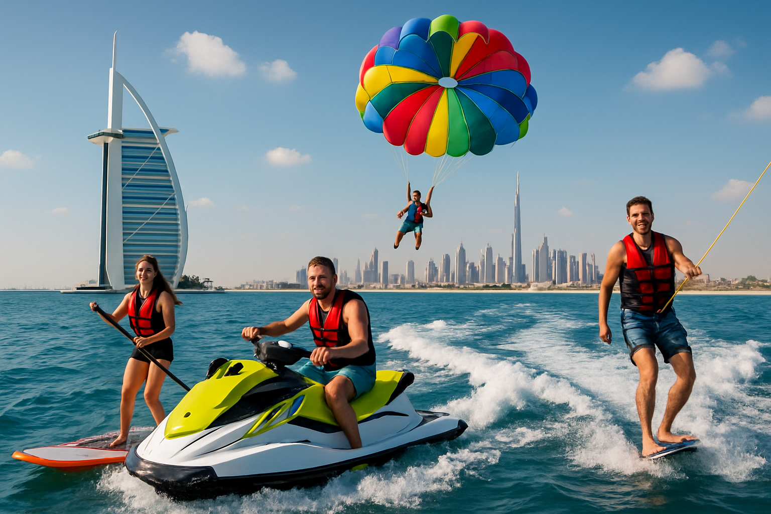 Tourists enjoying water sports along Dubai’s coastline